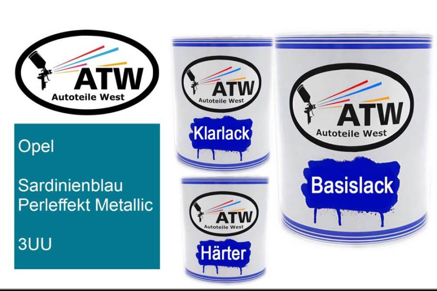 Opel, Sardinienblau Perleffekt Metallic, 3UU: 1L Lackdose + 1L Klarlack + 500ml Härter - Set, von ATW Autoteile West.